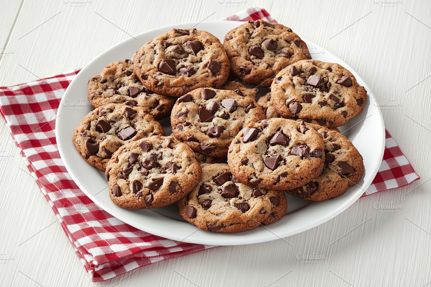 Delicious chocolate chip cookies arranged on a serving plate for dessert enjoym, a Food & Drink Photo by AlyaAnd
