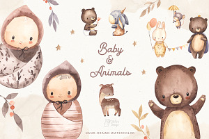 BABY AND ANIMALS. Watercolor clipart