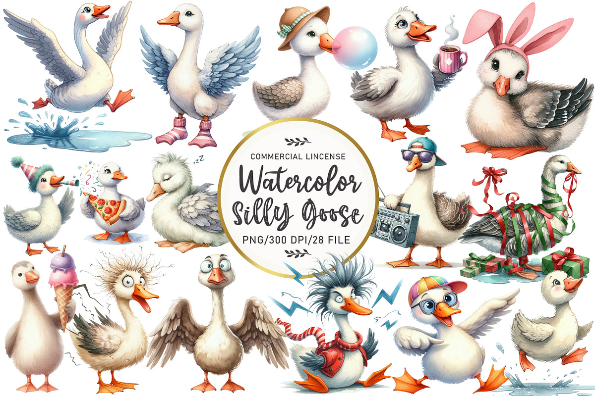 Silly Goose Watercolor Clipart, an Illustration by OK Design (Photo 1 of 5)