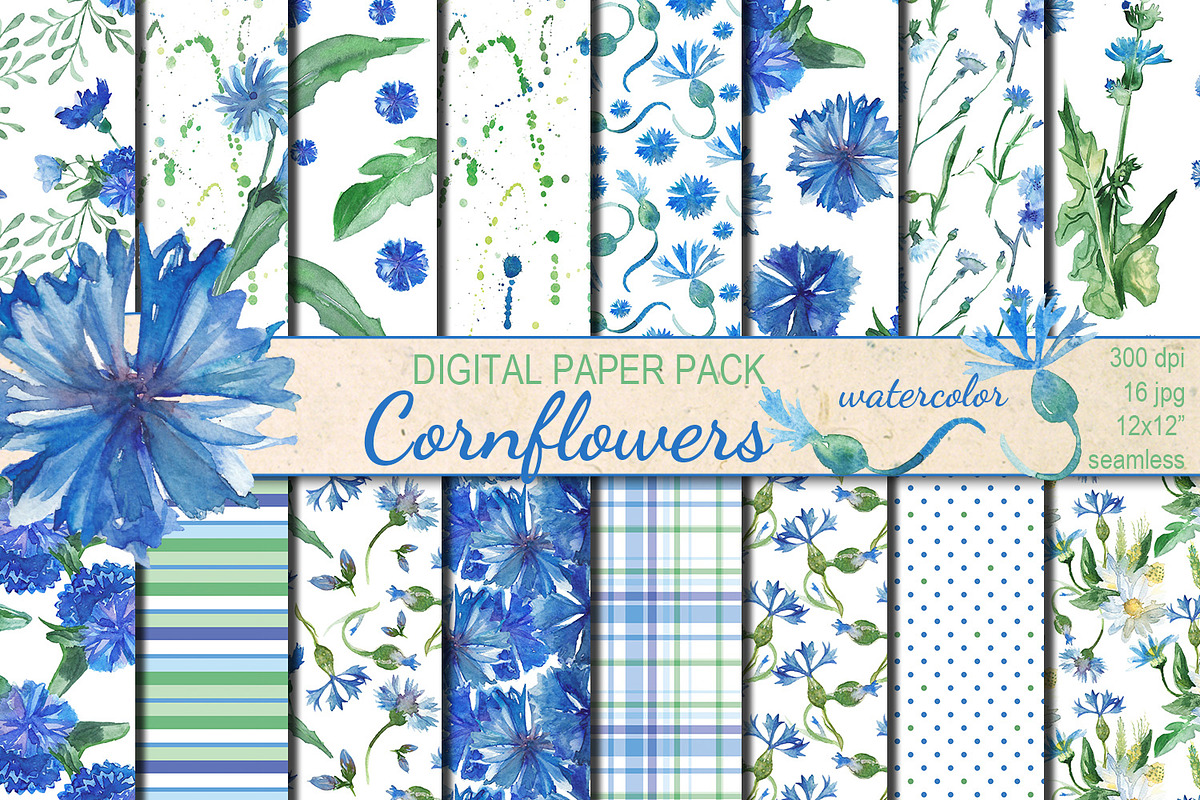 Watercolor Cornflowers patterns, a Pattern Graphic by DollyPotterson (Photo 1 of 6)