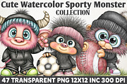 Cute Watercolor Sporty Monster PNG, an Animal Illustration by RobertsArt (Thumbnail 1 of 5)