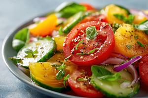 Colorful sliced vegetables with herbs, a Food & Drink Photo by AlyaAnd