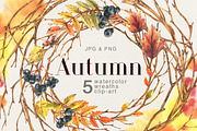 Autumn Wreaths Watercolor Clipart, an Illustration by NATASHA CHU (Thumbnail 1 of 5)