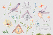 Birds and flowers watercolor clipart, a Decorative Illustration by Kate Lanbina (Thumbnail 3 of 15)