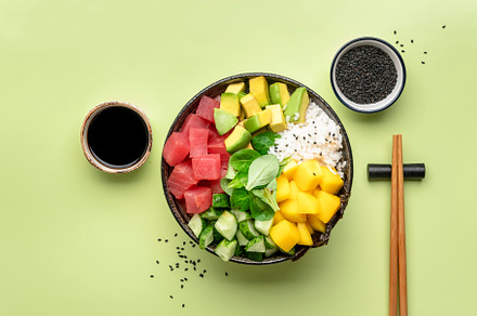 Poke bowl with raw tuna, avocado, mango, cucumber, lettuce and w, a Food & Drink Photo by 5PH