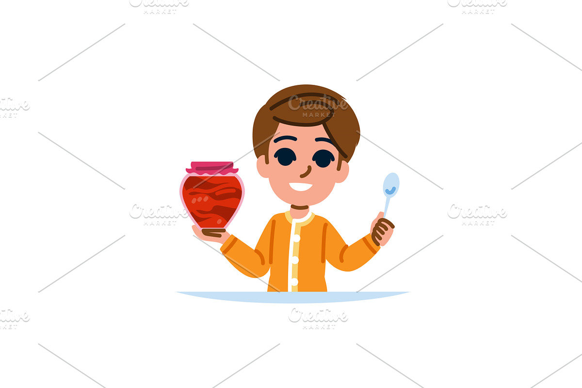 Smiling boy holding jar and spoon, a Food Illustration by pikepicture