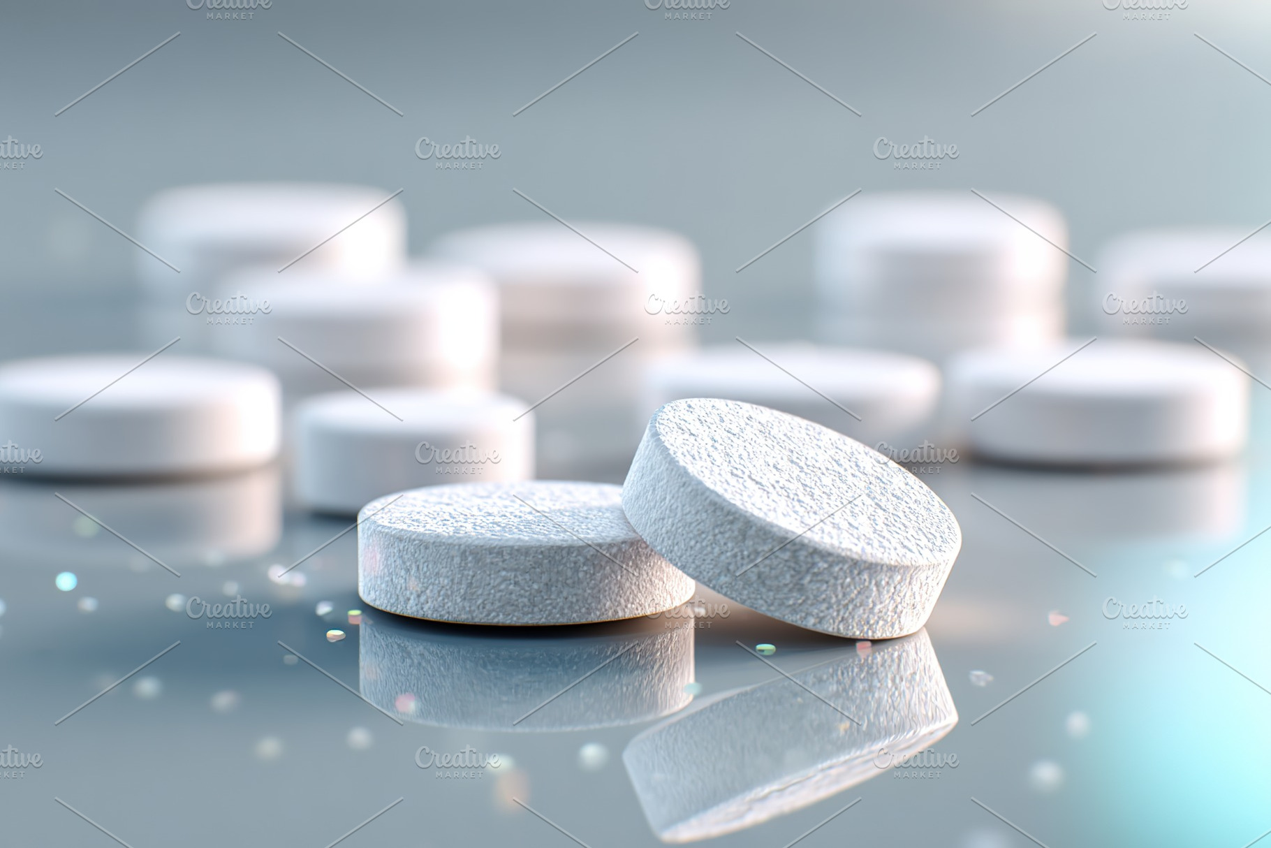 Close-up view of multiple white tablets on a reflective surface during daytime, a Photo by AlyaAnd