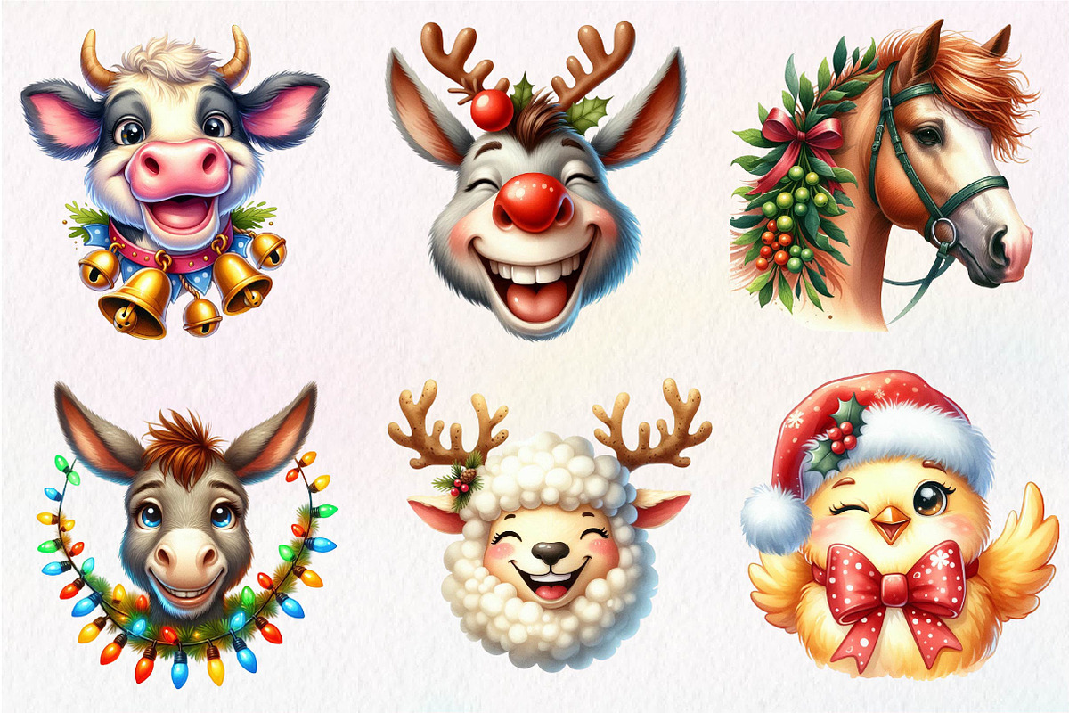 Christmas Farm Animal Face Clipart, an Illustration by Dream Creation (Photo 2 of 7)