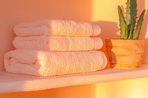A pile of pale towels on a shelf, a Beauty & Fashion Photo by Imaginarium