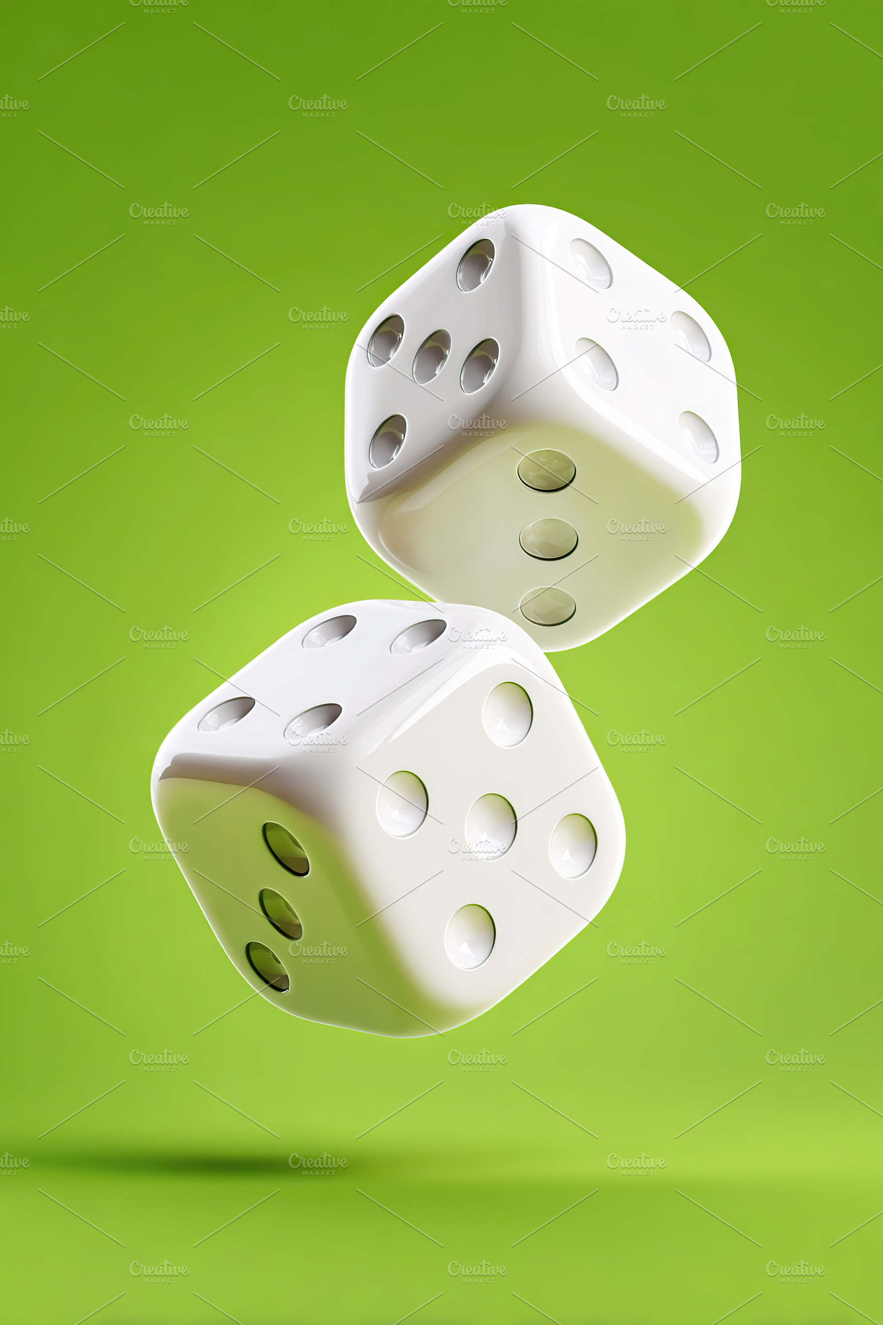 Glossy white dice float against a vibrant green background, crea, a Sports & Recreation Photo by AlyaAnd