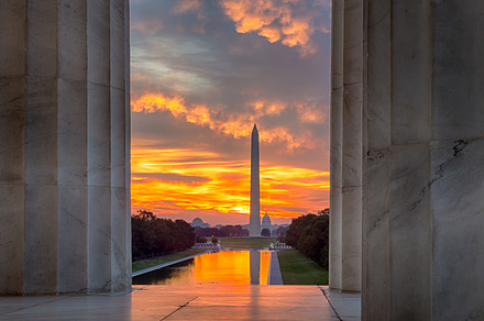 Sunrise over Washington Monument DC, an Architecture Photo by Backyard Stock