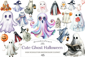 Cute Ghost Halloween Clipart, an Illustration by DreamCafeArt