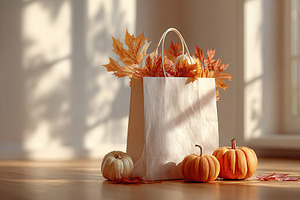 Blank paper shopping bag filled with autumn leaves and pumpkins on wooden floor, a Holiday Photo by AlyaAnd