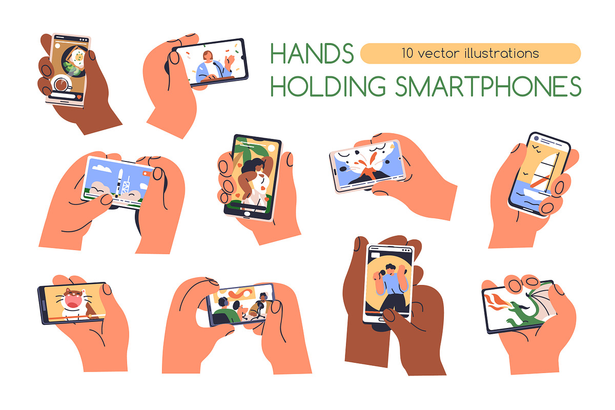 Hands hold phones with online videos, a Technology Illustration by Good Studio (Photo 1 of 9)