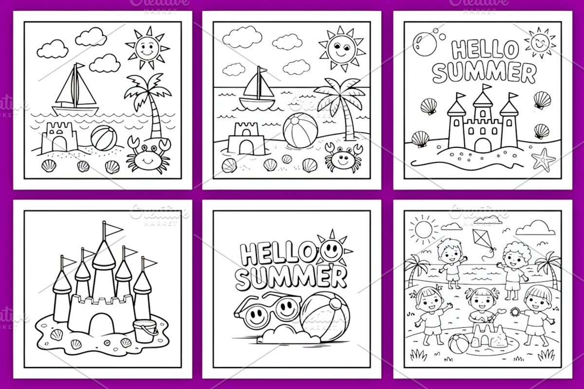Hello Summer Coloring Pages for Kids, a Seasonal Illustration by Ink Gallery (Photo 2 of 4)
