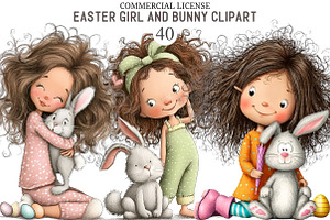 Whimsical Easter Girl and Bunny Clip, an Illustration by designcity5