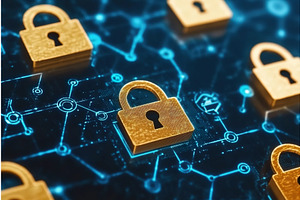 Golden Padlocks Protecting Network, a Technology Illustration by Lermont51
