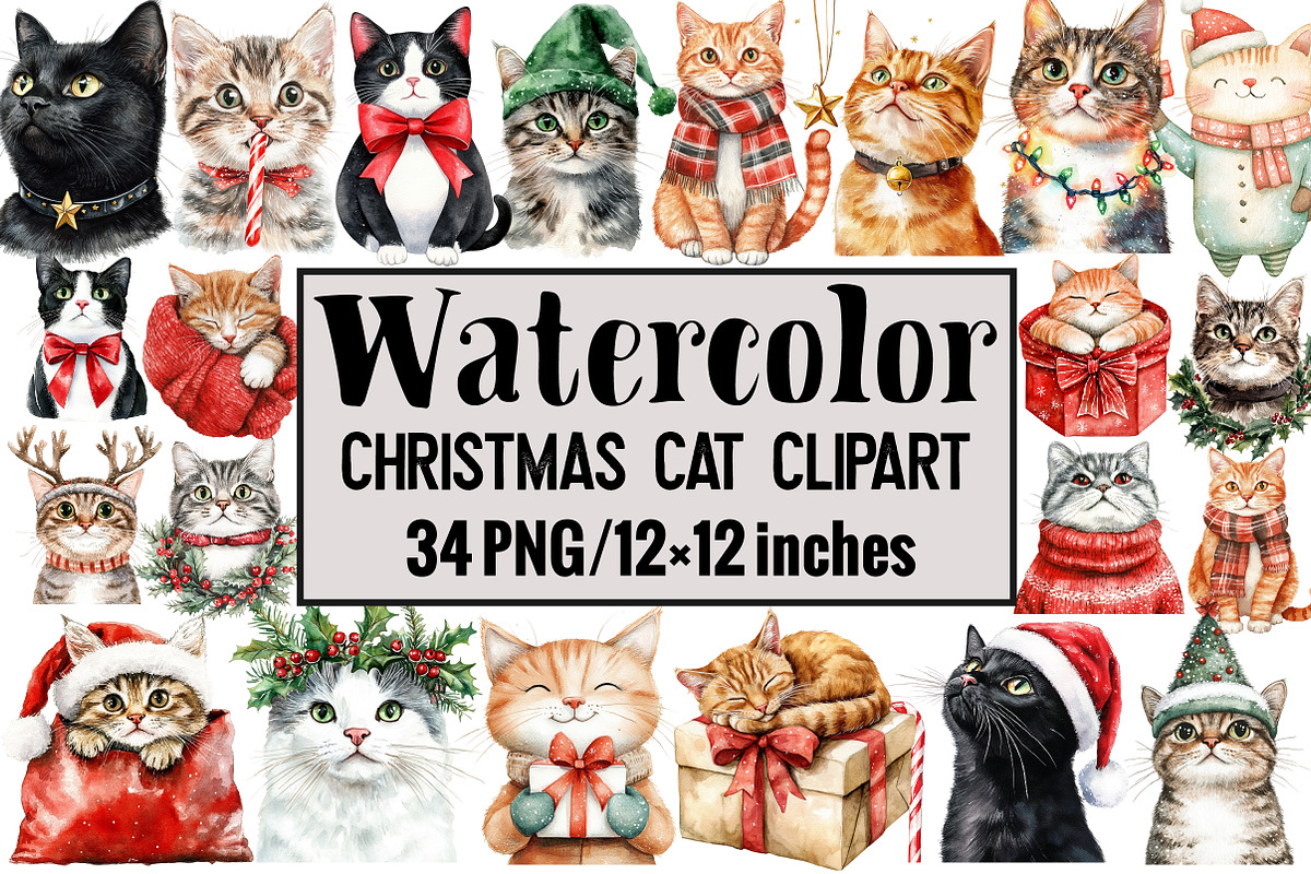 Christmas Cat Clipart, an Illustration by Design Market (Photo 1 of 3)