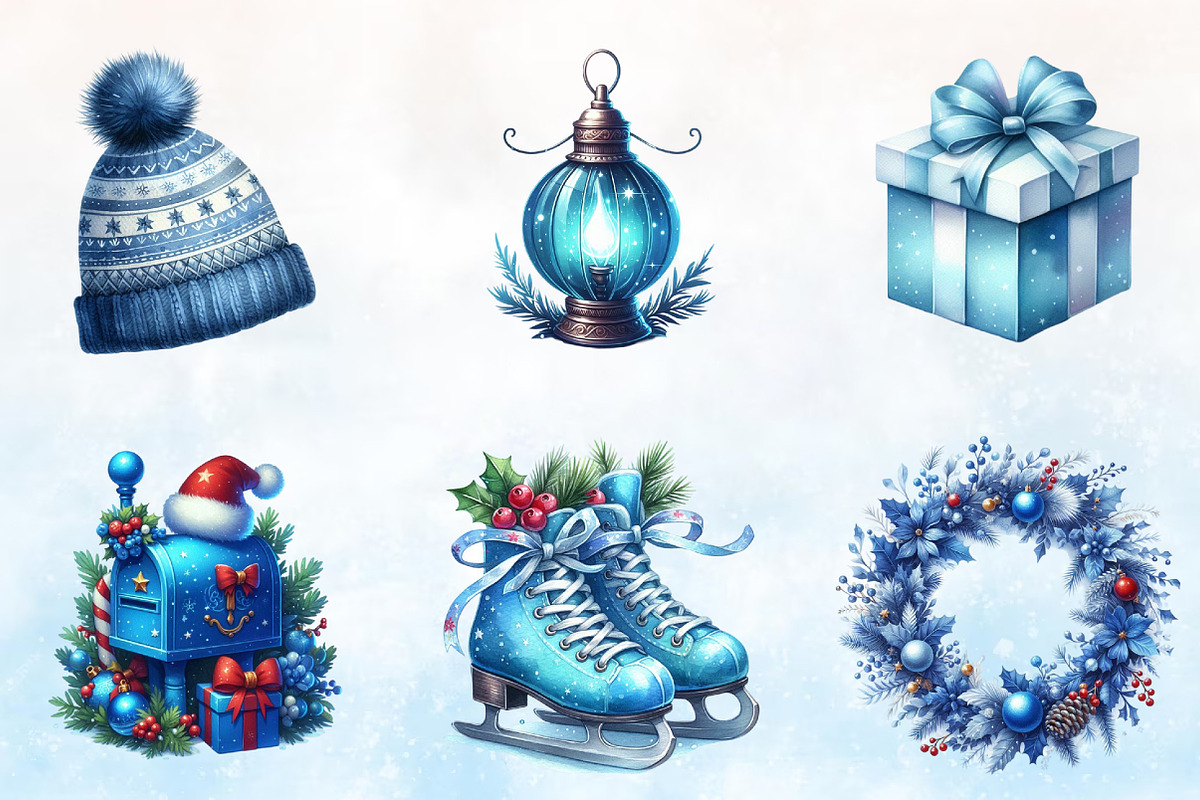 Watercolor Blue Christmas Clipart PN, a Seasonal Illustration by Rose Art (Photo 3 of 3)