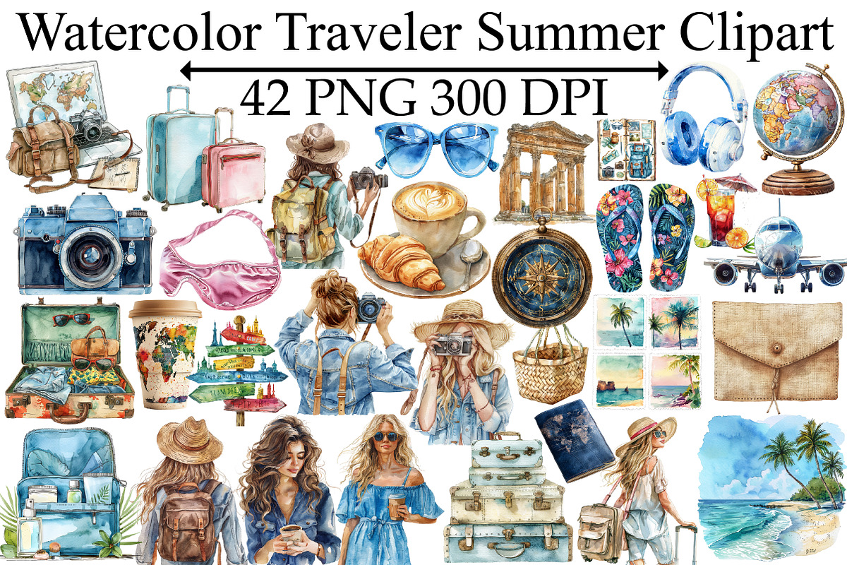 Watercolor Traveler Summer Clipart, an Illustration by Design Market (Photo 1 of 5)