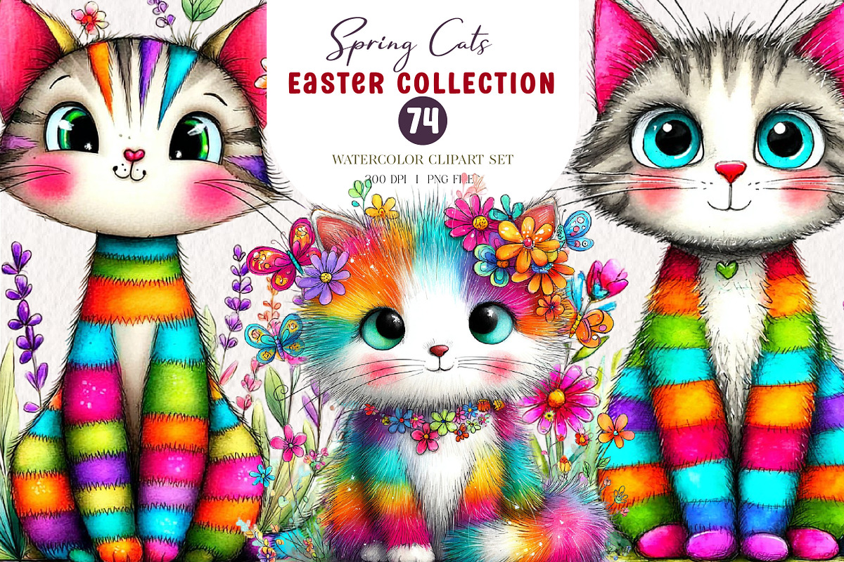 Whimsical Spring Cats Clipart, an Illustration by CreationArt (Photo 1 of 7)