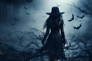 Young Woman Witch And Bats In Dark F