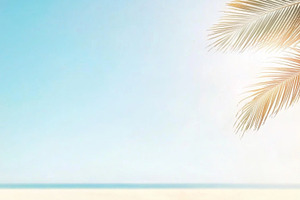 Blue clear sky background of tropical beach with palm leaves, co, a Photo by Dvoevnore photos