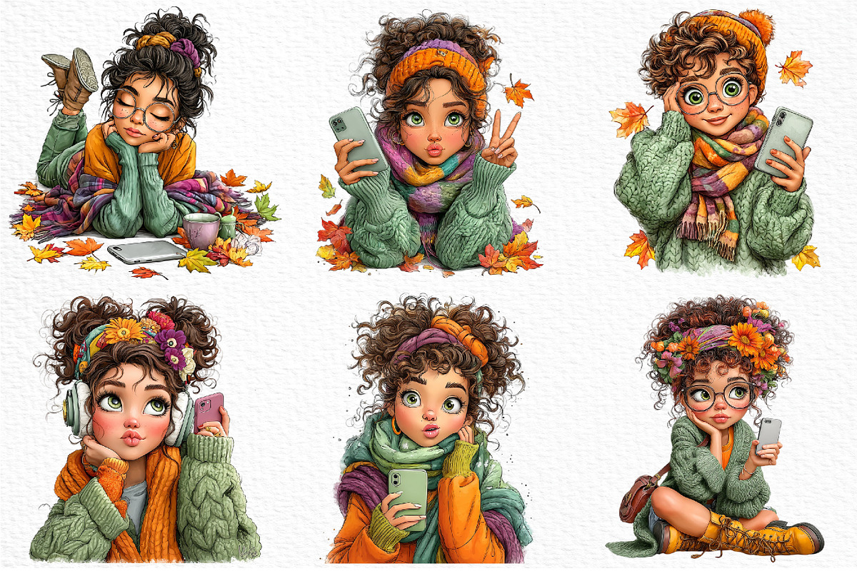 Cozy Autumn Selfie Girls Clipart, a Seasonal Illustration by Craft Nest (Photo 4 of 12)