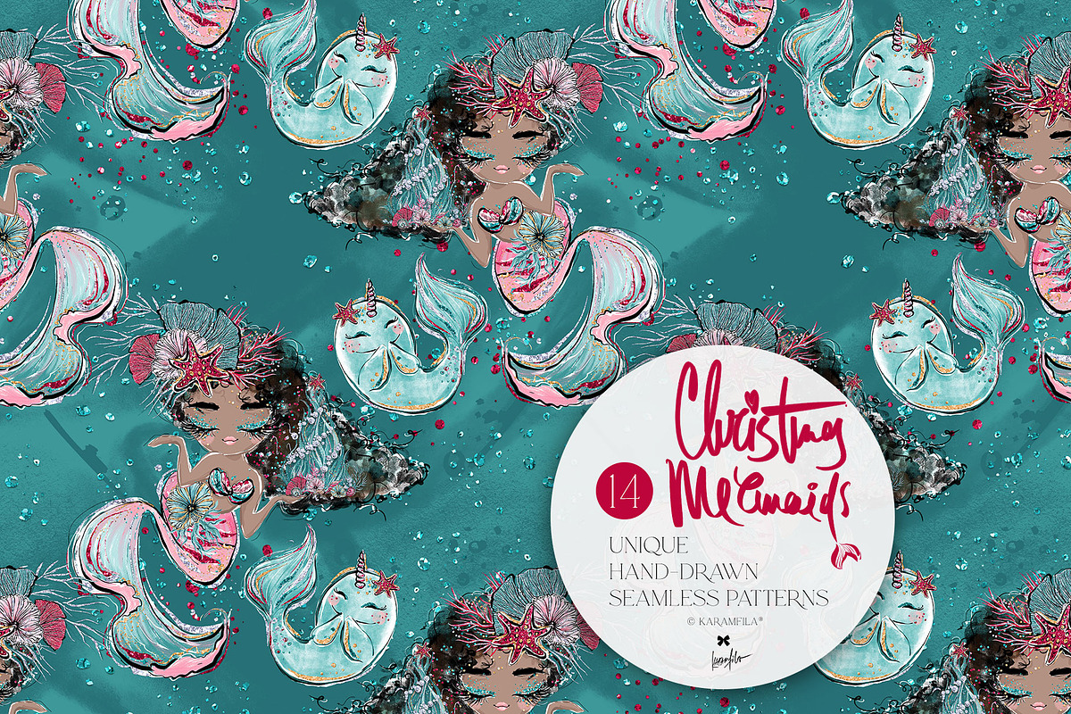 Christmas Mermaids Seamless Patterns, a Pattern Graphic by KaramfilaS (Photo 4 of 19)