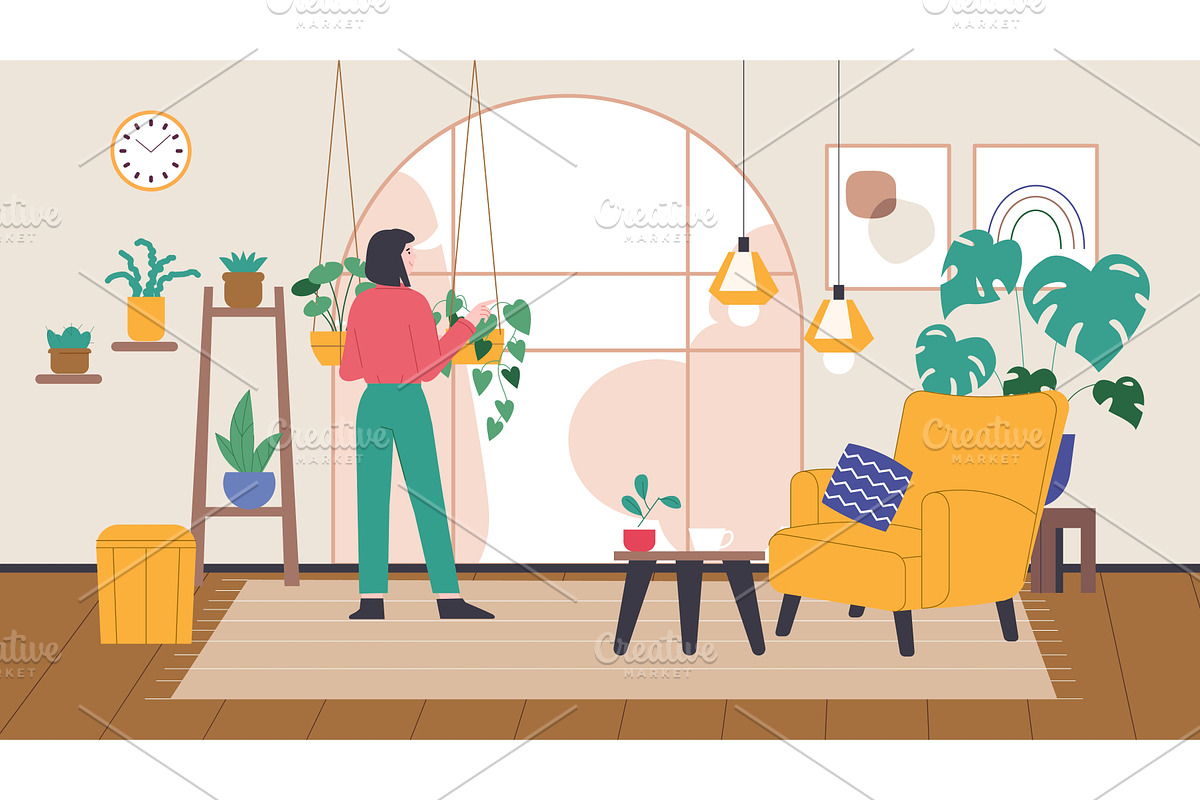 Woman care plants in cozy room, a Person Illustration by LadadikArt