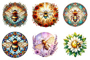 Bee with Flowers Round Stained Glass, an Illustration by DreamArtGraphic (Thumbnail 2 of 4)