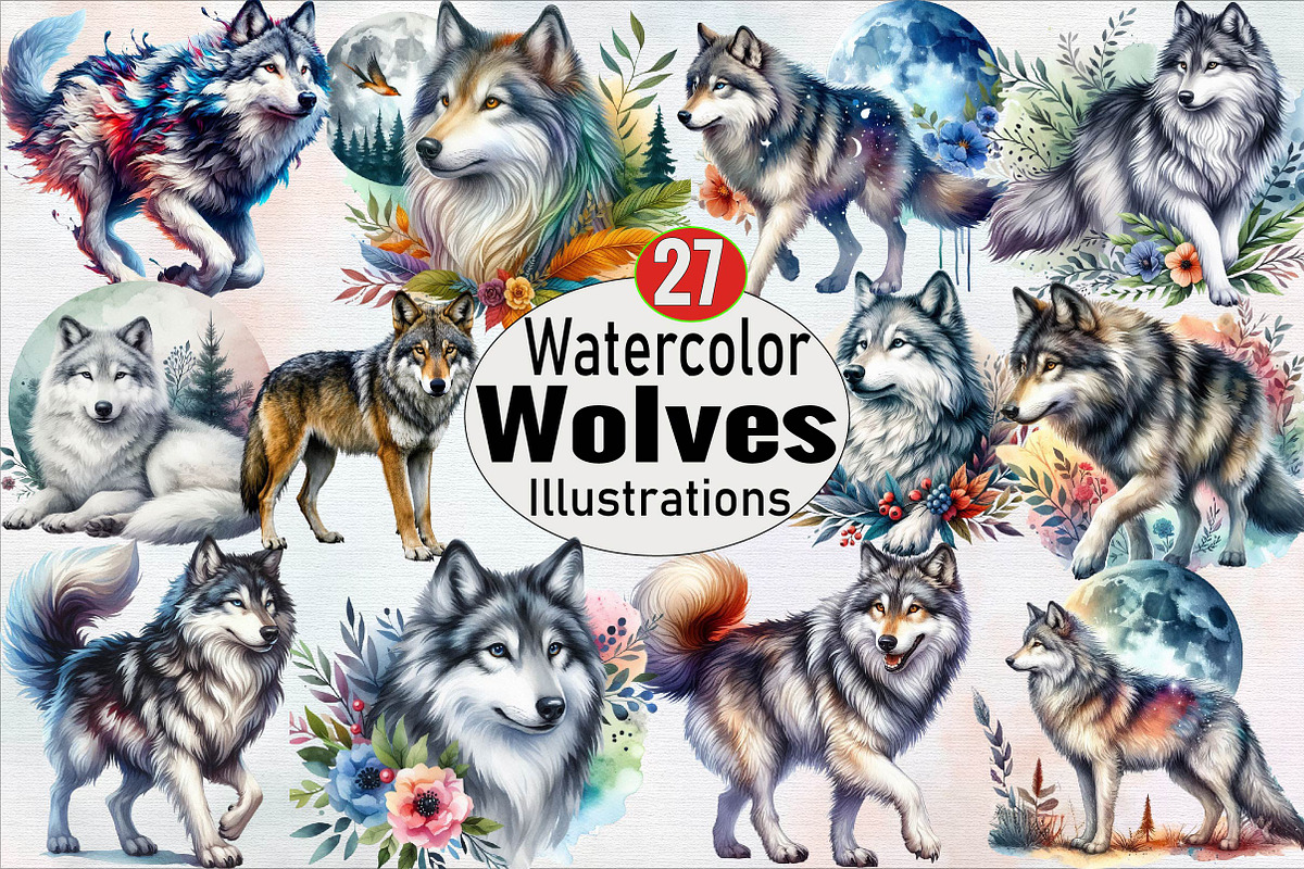 Watercolor Wolf  Sublimation Clipart, an Illustration by SVGArt (Photo 1 of 7)