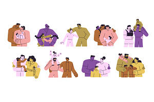 Happy families hugging with kids set