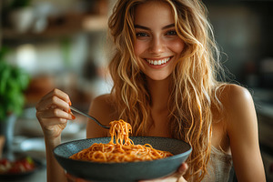 Woman enjoying a delicious plate of, a Photo by Tanuart