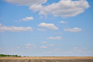 Wide shot of a dry, empty field under a clear blue sky dotted wi, a Nature Photo by ndanko