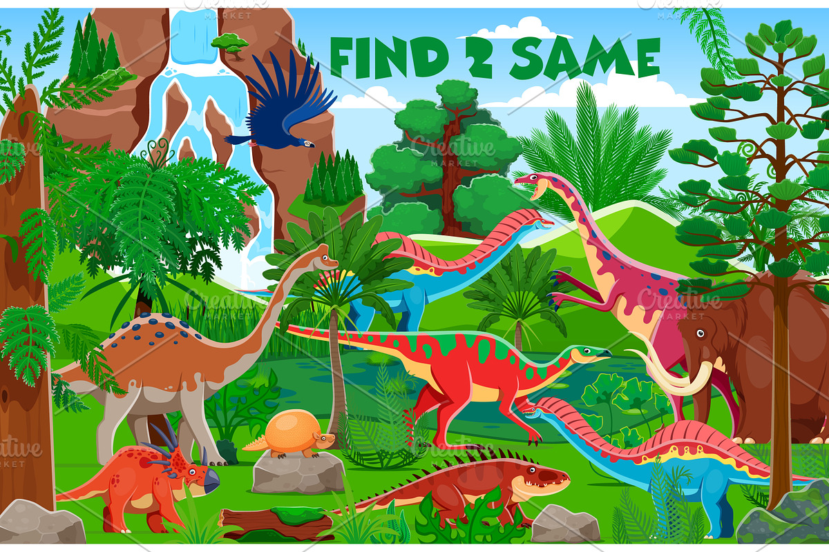 Find two same dinosaurs, an Animal Illustration by Vector Tradition