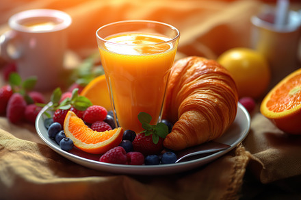 Delicious croissants with fresh berries and glass of juice on wooden table. Gen, a Food & Drink Photo by AlyaAnd