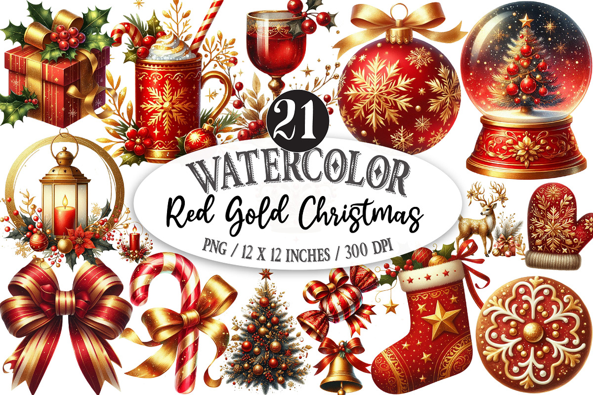 Red Gold Christmas Clipart, an Illustration by Designking (Photo 1 of 5)