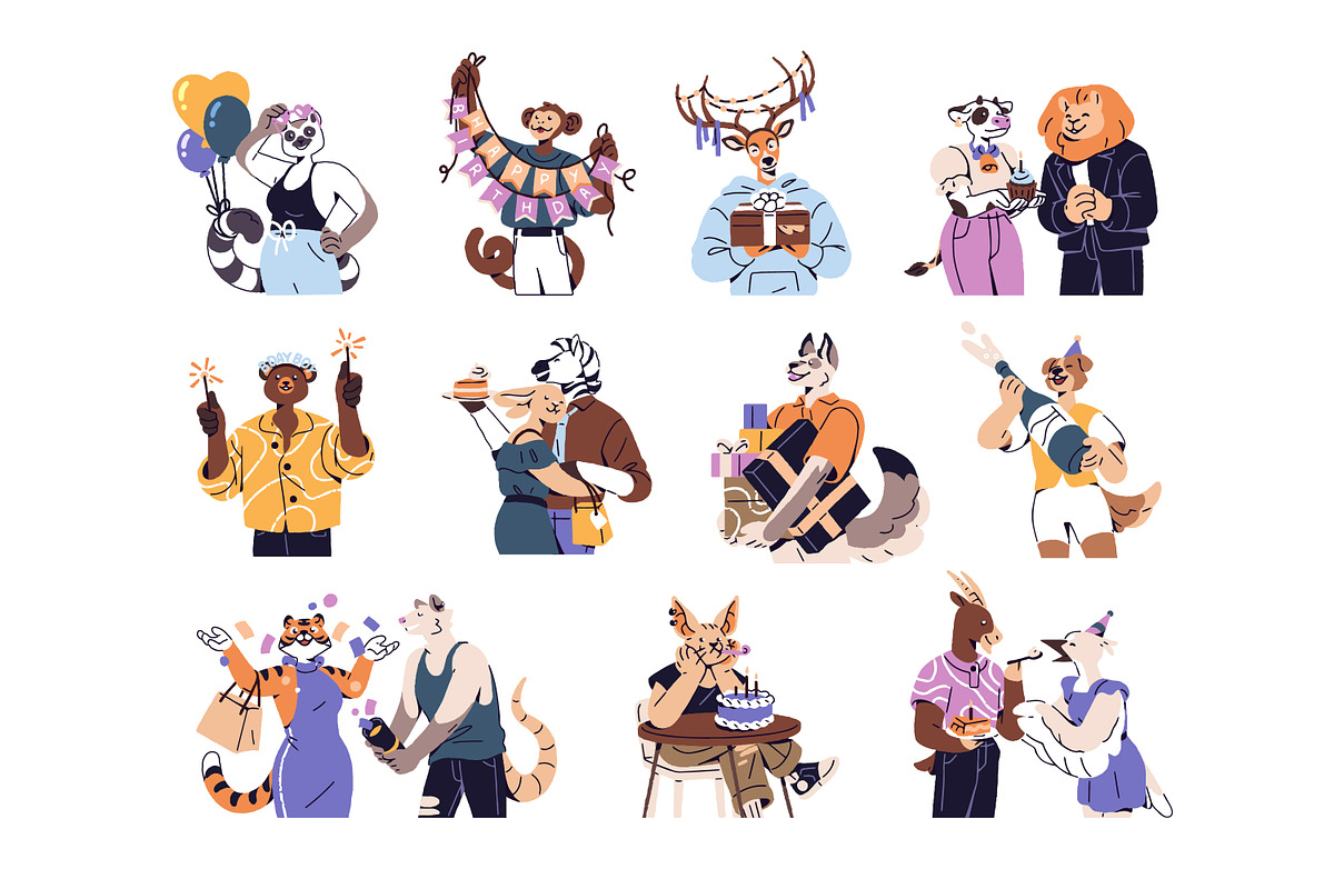 Animals at birthday party set, cards, an Animal Illustration by PaperTrident (Photo 1 of 18)