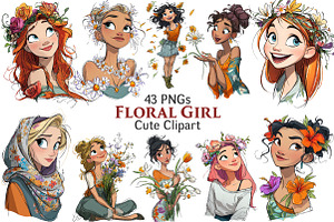 Floral Cute Girl Clipart, an Illustration by Pixels.Craft