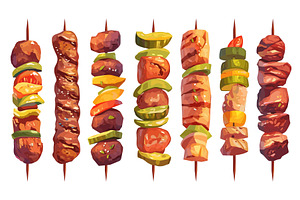 Set of cartoon kebabs, grilled meat, a Food Illustration by LadadikArt