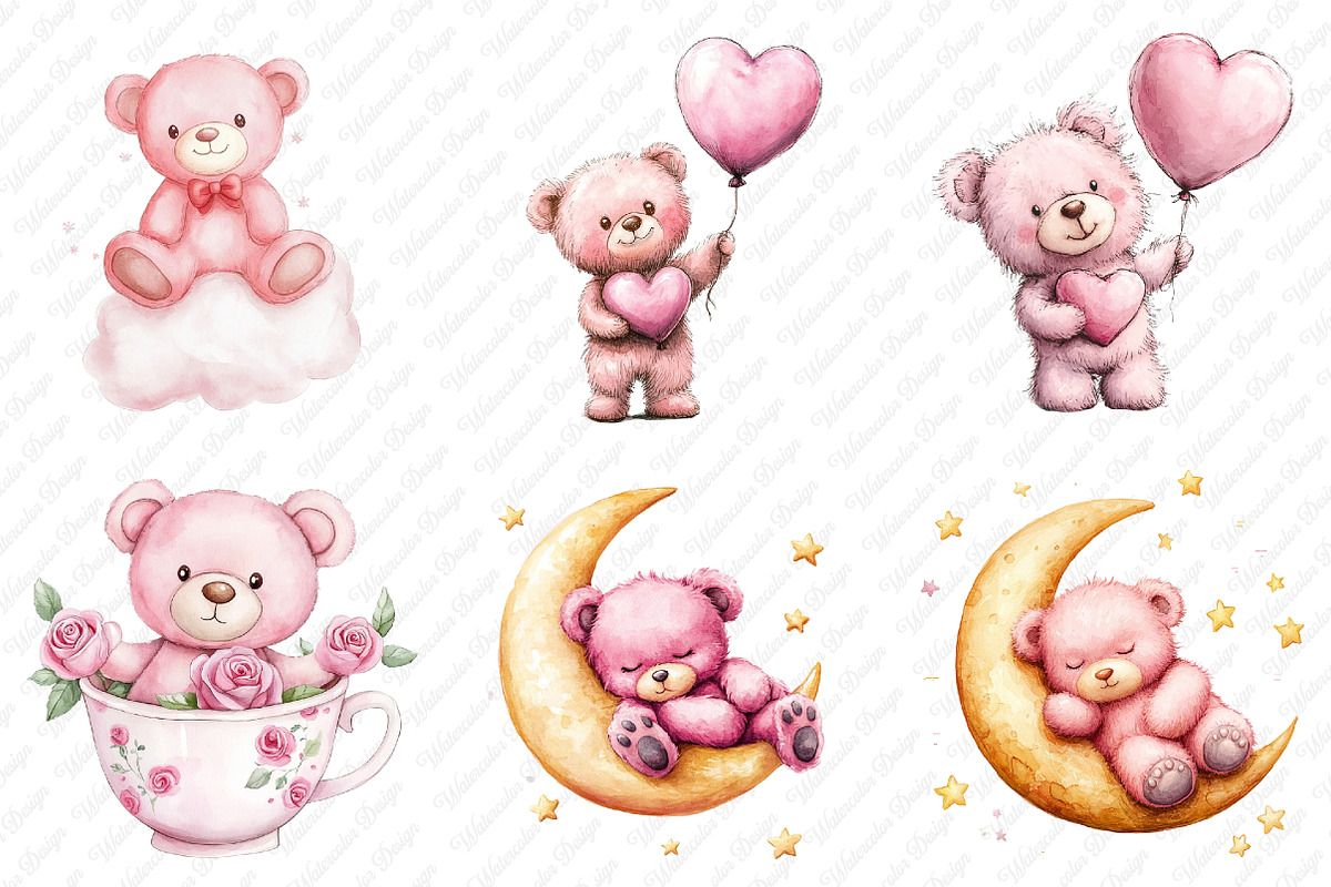 Pink Cute Blush Teddy Bear png, an Illustration by Watercolor design (Photo 3 of 11)