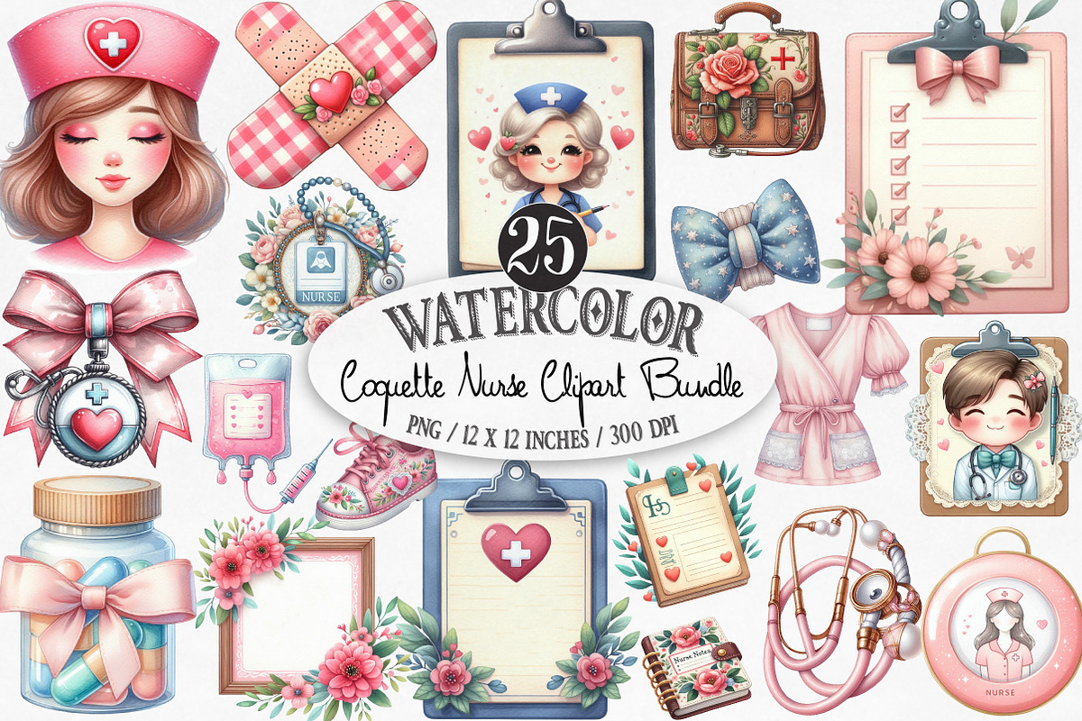 Watercolor Coquette Nurse Clipart, an Illustration by Designking (Photo 1 of 4)