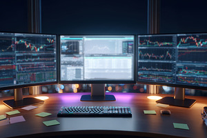 Modern trading desk with multiple monitors at night, a Business Photo by AlyaAnd