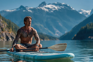 Muscular man paddleboarding serene m, a Photo by Pixeness Studio