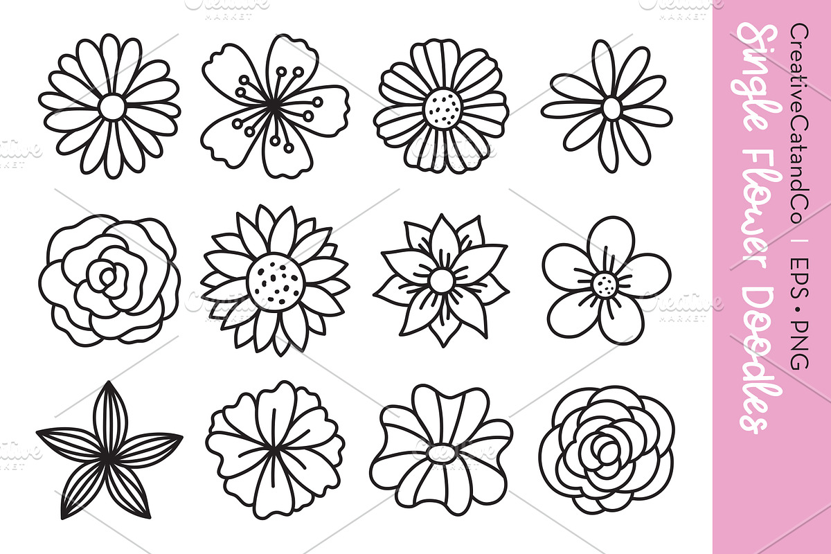 Single Flower Doodles Set EPS PNG, a Decorative Illustration by CreativeCatandCo