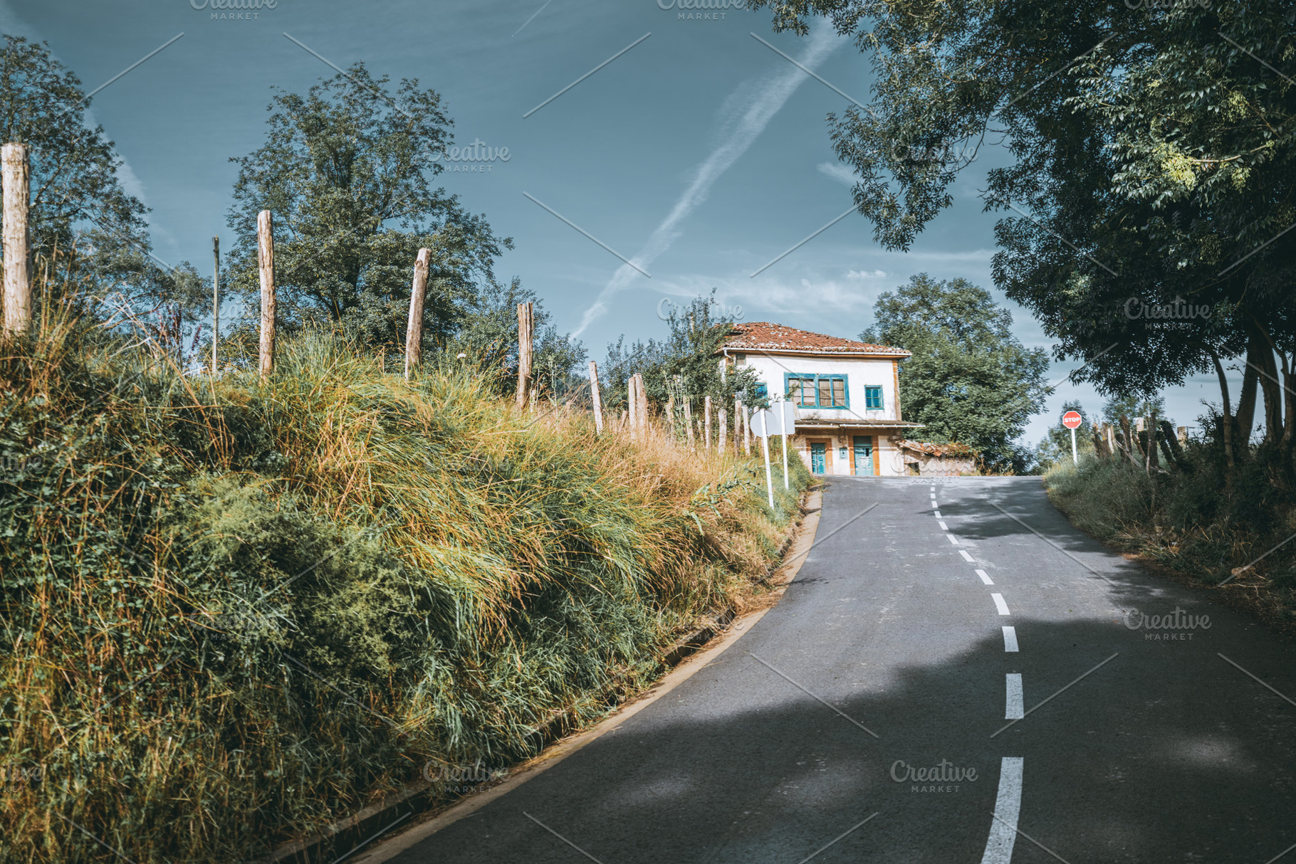 Rural road to blue-shutter house, an Architecture Photo by SkyNext