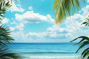 Summer beach day with clear skies and gentle waves under tropical palm trees, a Photo by AlyaAnd