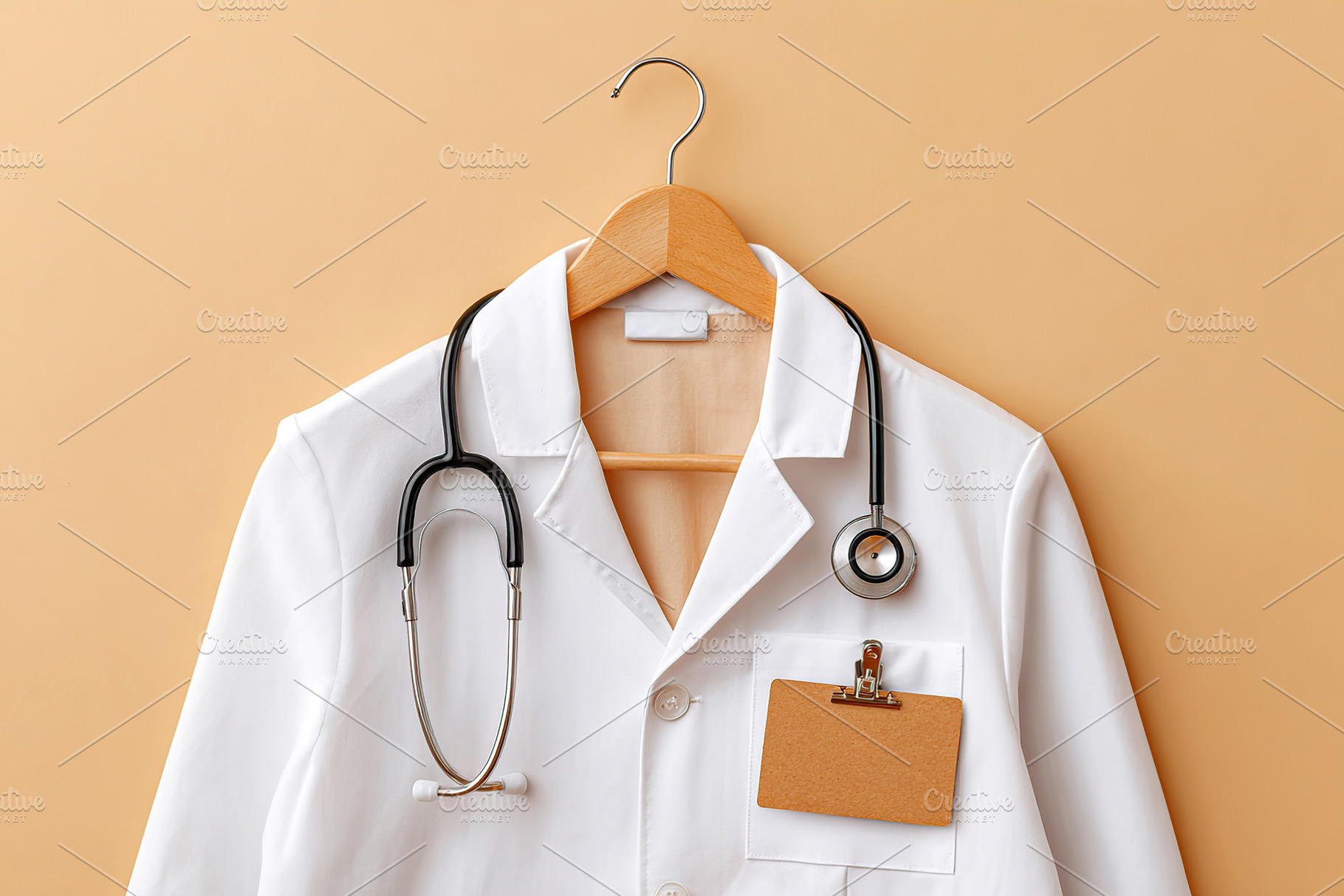 White coat with stethoscope neatly hung on wooden hanger against beige wall bac, a Health & Medical Photo by AlyaAnd