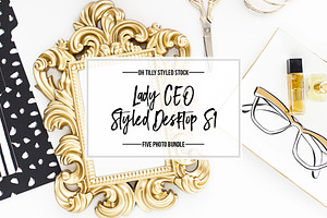 Fancy office flatlays & styled desk featuring styled stock photography